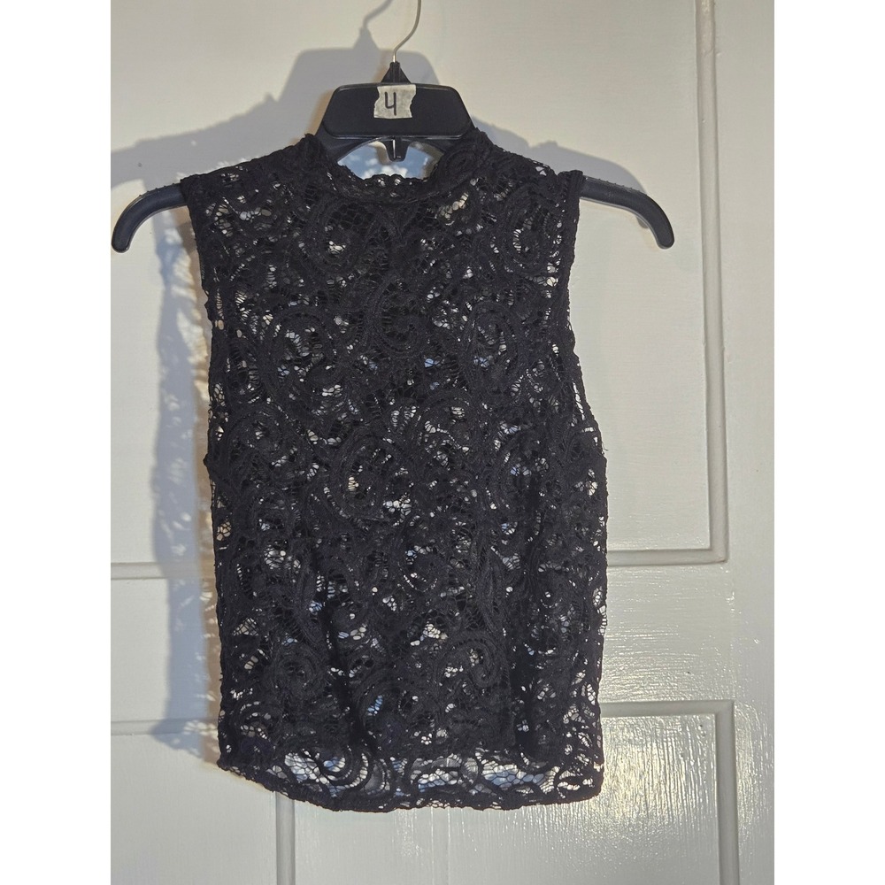 Free Kisses Black Floral Lace Mock Neck Sleeveless Top Medium Zip Back